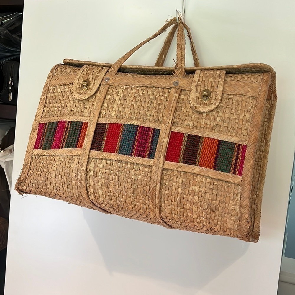 Vintage 1960’s Woven Grasscloth Straw XL Foldover Closure Tote - Picture 1 of 12